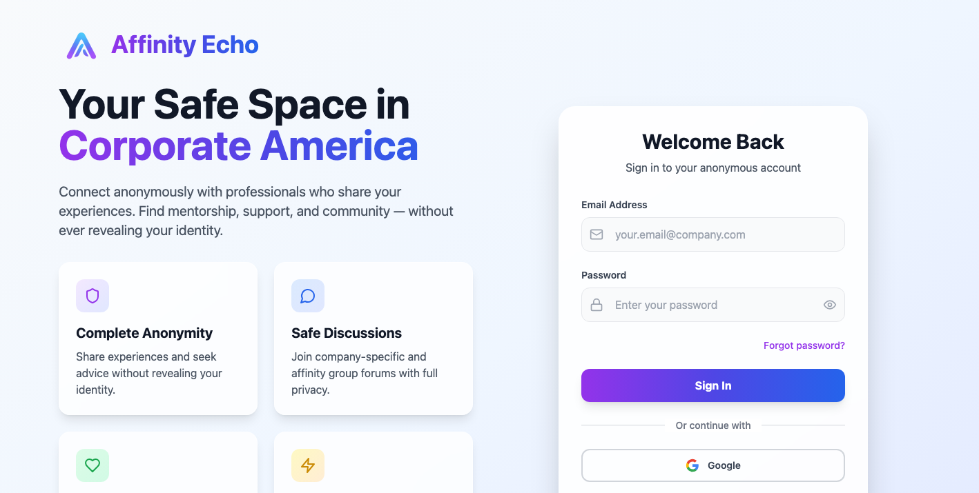 AffinityEcho — Anonymous professional networking — NestJS, React and React Native